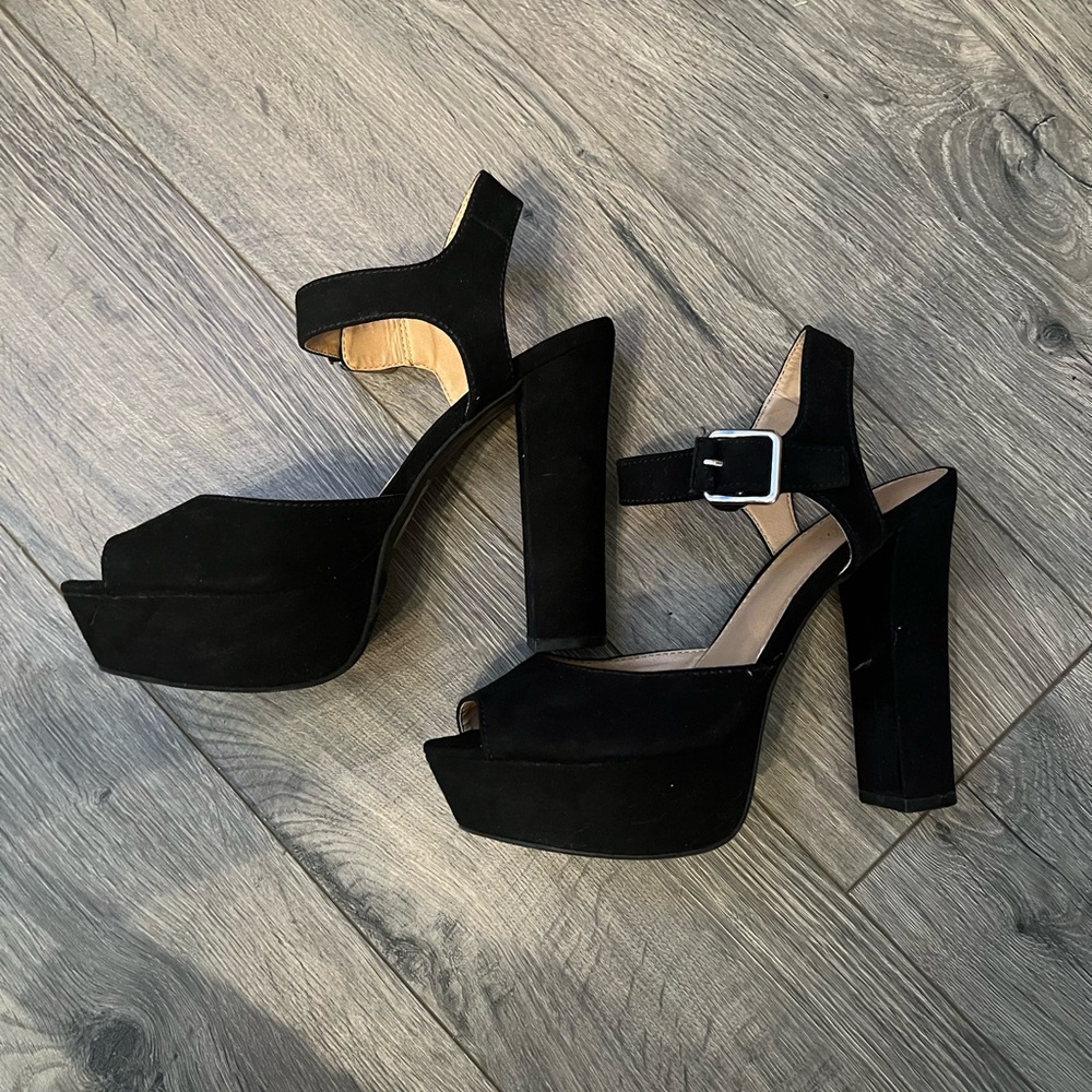 Women’s soft black ankle strap block heels